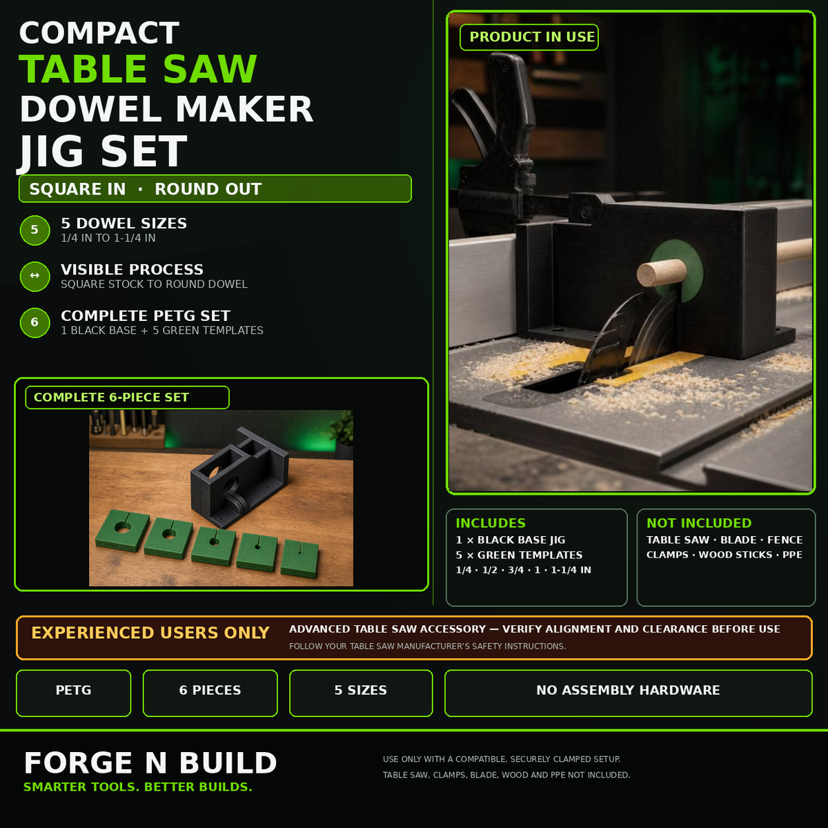 01 — Compact Table Saw Dowel Maker Jig Set cover — product in use and complete six-piece set