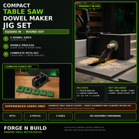 01 — Compact Table Saw Dowel Maker Jig Set cover — product in use and complete six-piece set