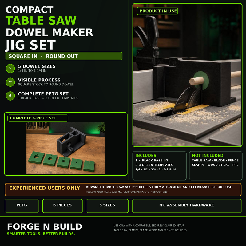01 — Compact Table Saw Dowel Maker Jig Set cover — product in use and complete six-piece set