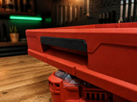 03 — Side view of black PETG replacement handle installed in drawer front
