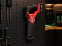 02 — SawSentry™ black PETG holder with Milwaukee M18 FUEL SAWZALL installed vertically