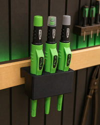 02 — Pica holder installed with three compatible demonstration tools
