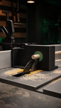 05 — Round wood dowel exiting the green template on the installed jig