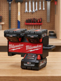 PackDock M18 portable wall-mount battery holder with Milwaukee M18 batteries shown for demonstration