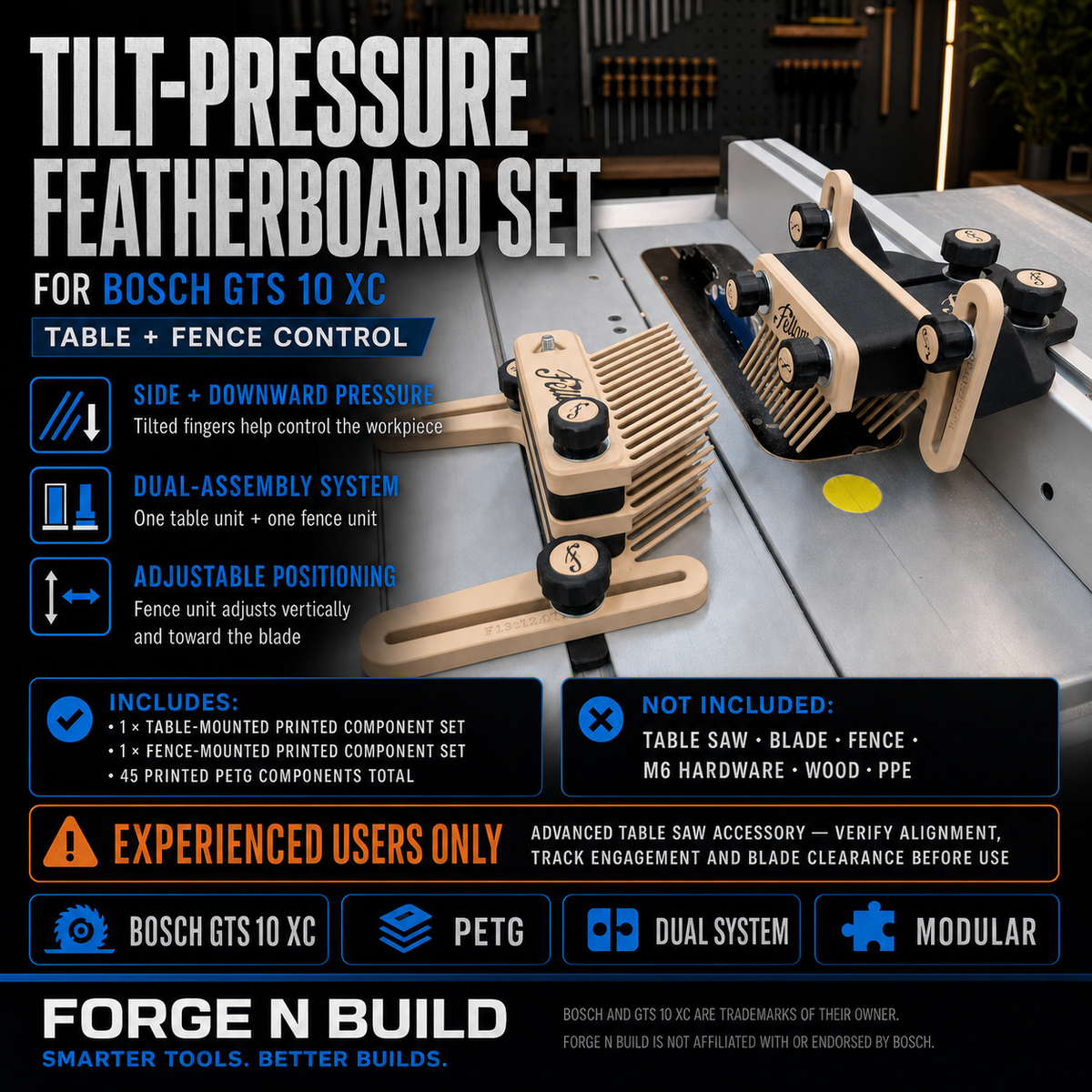 01 — Tilt-Pressure Featherboard Set for Bosch GTS 10 XC cover — dual installed system shown